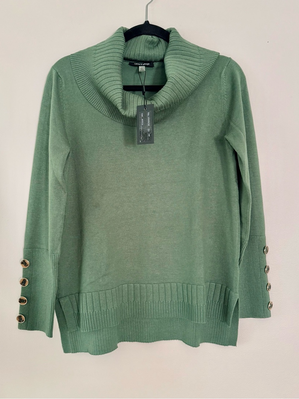 Cable & Gauge Sage Green Cowl Neck Sweater with Button Cuffs SZ.S